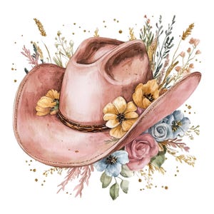 22 cowgirl hoed met bloemen clipart, roze bloemen cowboyhoed, afdrukbare aquarel clipart, papercraft, hoge kwaliteit jpg's, digitale download