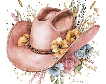 22 Cowgirl Hat with Flowers Clipart, Pink Floral Cowboy Hat, Printable Watercolor Clipart, Paper Craft, High Quality JPGs, Digital Download