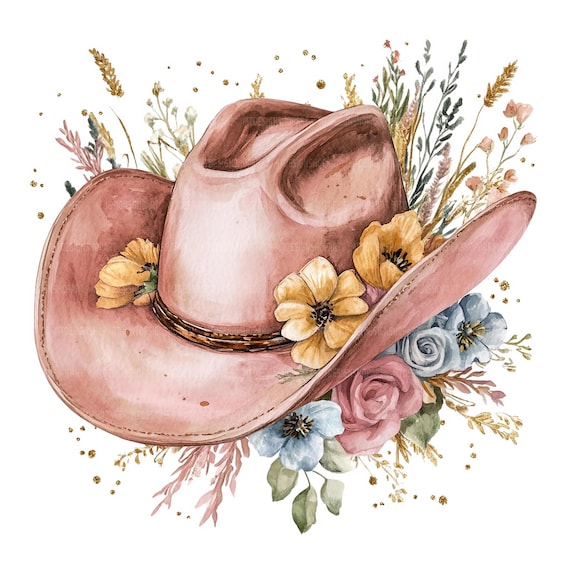 22 Cowgirl Hat With Flowers Clipart, Pink Floral Cowboy Hat  display picture 1