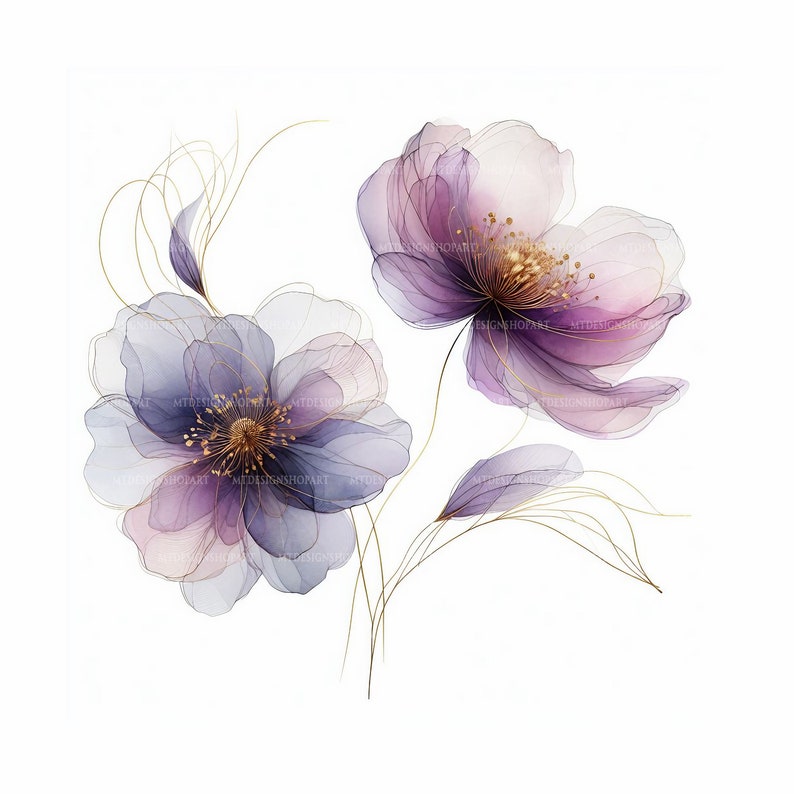 15 Abstract Flowers Clipart, Two Purple Flowers, Printable Watercolor ...