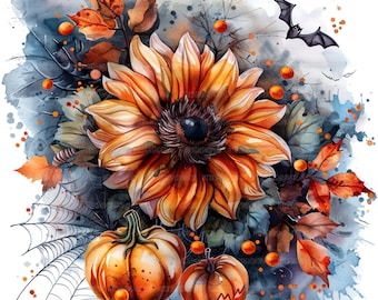 12 Halloween Flower Clipart, Flowers Clipart, Printable Watercolor, Orange Flowers, Mystical Flowers, High Quality JPGs, Digital Download