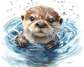 19 Baby Swimming Otters, Otter Clipart, Cute Sea Otter, Printable Watercolor Clipart, High Quality JPGs, Digital Download Wall Art