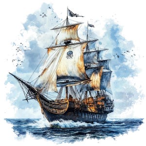 Pode incluir: Ilustração em aquarela de um navio pirata navegando em um oceano azul. O navio tem velas brancas com um emblema de caveira e ossos cruzados e bandeiras pretas. O céu é uma mistura de azul e branco, com pássaros voando acima.