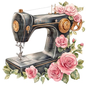 22 Floral Sewing Machine Clipart, Antique Floral Sewing Machine, Printable Watercolor Clipart, High Quality JPGs, Digital Download
