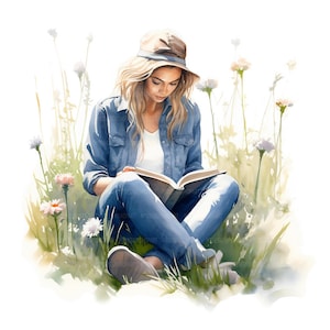 20 Clipart di donne che leggono, Clipart di topi di biblioteca, Clipart di acquerelli stampabili, Lavori di carta, Diari spazzatura, JPG di alta qualità, Download digitale