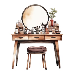 Puede incluir: Ilustración en acuarela de un tocador de madera con espejo redondo, tres cajones y un taburete. La mesa está adornada con maquillaje, brochas y una pequeña planta. La paleta de colores incluye tonos marrones, beige y neutros.