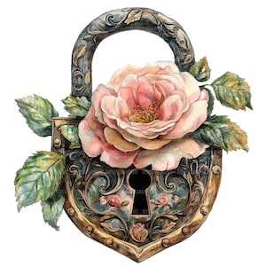 12 clipart de cadeado floral vintage, cadeado ornamentado, clipart de aquarela para impressão, artesanato em papel, diários de lixo, JPG de alta qualidade, download digital