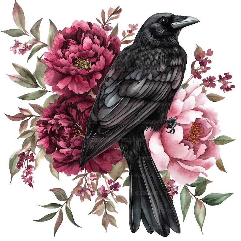 May include: A black crow perched on a bouquet of burgundy and pink peonies with green leaves.