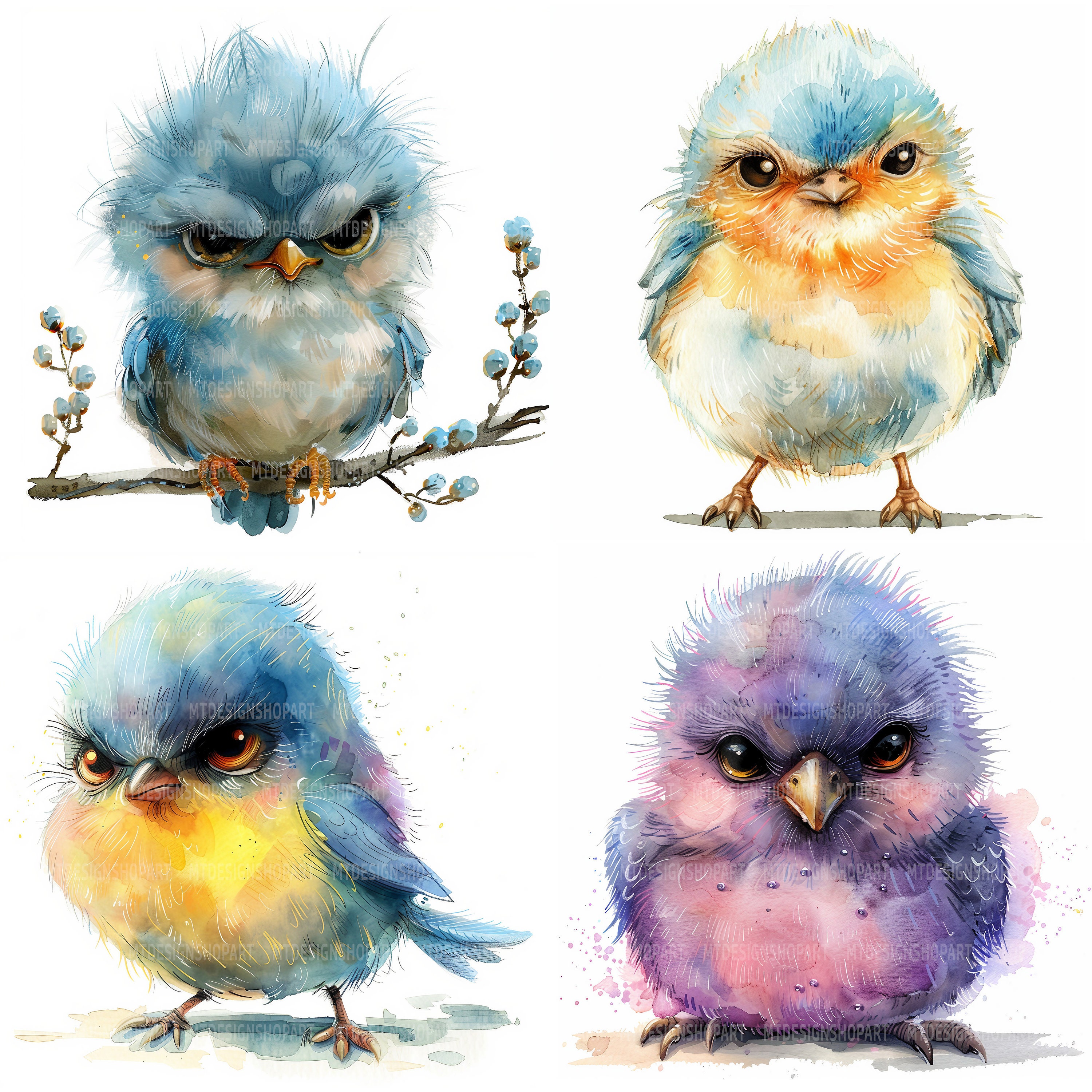 18 Grumpy Birds Clipart, Birds Clipart, Funny Birds, Watercolor Clipart ...