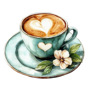 May include: A blue and white ceramic coffee cup with a heart design on the side. The cup is filled with coffee with a heart-shaped design in the foam. The cup is sitting on a blue saucer with a white flower and green leaves.