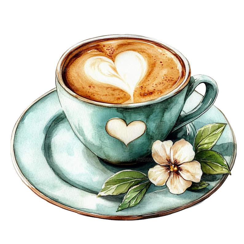 May include: A blue and white ceramic coffee cup with a heart design on the side. The cup is filled with coffee with a heart-shaped design in the foam. The cup is sitting on a blue saucer with a white flower and green leaves.