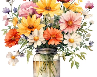 Imágenes prediseñadas de 24 flores silvestres en un jarrón, imágenes prediseñadas de jarrón de vidrio, imágenes prediseñadas de acuarela imprimibles, manualidades de papel, archivos JPG de alta calidad, descarga digital