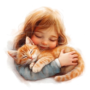 21 Bambina che abbraccia un gattino Clipart, Gattino e bambina, Clipart acquerello stampabile, Lavoretti di carta, JPG di alta qualità, Download digitale