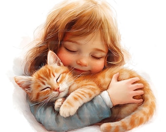 21 Clipart di bambina che abbraccia un gattino, gattino e bambina, clipart acquerello stampabile, lavoretti di carta, JPG di alta qualità, download digitale