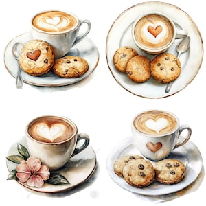 May include: Four watercolour illustrations of coffee cups with heart-shaped latte art and chocolate chip cookies. Each illustration features a white coffee cup with a brown rim and a saucer. The coffee cups are filled with a light brown liquid and have a white heart-shaped design on top. The cookies are brown and have chocolate chips on top.