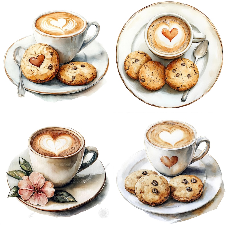 May include: Four watercolour illustrations of coffee cups with heart-shaped latte art and chocolate chip cookies. Each illustration features a white coffee cup with a brown rim and a saucer. The coffee cups are filled with a light brown liquid and have a white heart-shaped design on top. The cookies are brown and have chocolate chips on top.