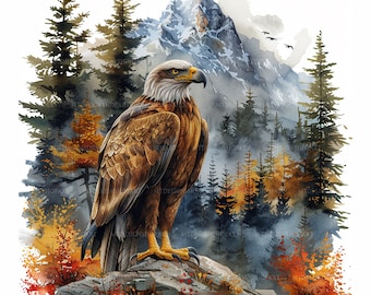 May include: A golden eagle perched on a rock with a mountain range and forest in the background. The eagle has a white head and tail feathers. The mountain range is covered in snow and the forest is a mix of green and brown trees.