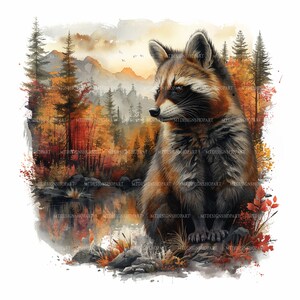 Op de afbeelding: Een aquarel schilderij van een wasbeer die in een bosrijke omgeving zit. De wasbeer kijkt naar links en de achtergrond is een wazige weergave van bomen en bergen. De kleuren zijn gedempt en aards, met tinten bruin, groen en oranje.
