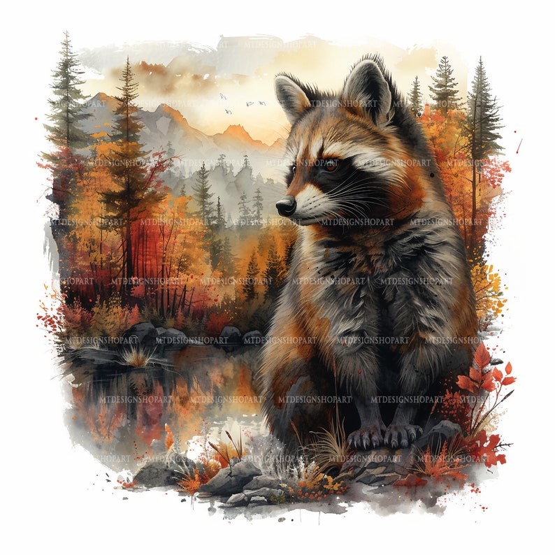 Op de afbeelding: Een aquarel schilderij van een wasbeer die in een bosrijke omgeving zit. De wasbeer kijkt naar links en de achtergrond is een wazige weergave van bomen en bergen. De kleuren zijn gedempt en aards, met tinten bruin, groen en oranje.