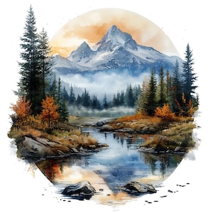 16 imágenes prediseñadas de paisajes naturales, imágenes prediseñadas de montañas, imágenes prediseñadas de acuarela imprimibles, manualidades de papel, revistas basura, archivos JPG de alta calidad, descarga digital