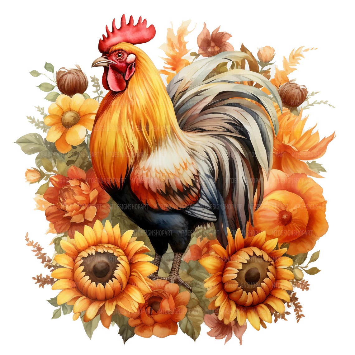 Rooster Fall Graphics 19 Rooster Sunflowers Clipart, Fall Flowers, Printable Watercolor ...