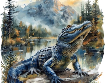 Watercolor Crocodile Clipart: Landscape Scene, Paper Crafts (Digital Download)