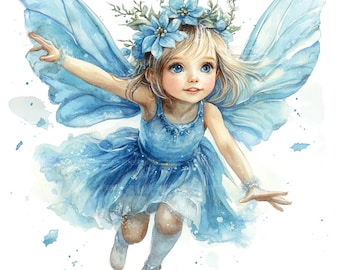 16 Little Girl Fairy Clipart, Blue Fairy Art, Printable Watercolor Clipart, Paper Craft, Junk Journals, High Quality JPGs, Digital Download