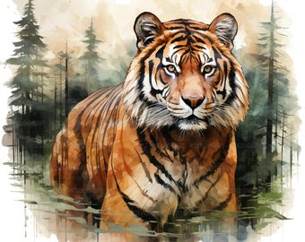 16 Tiger in Forest Clipart, Tiger Clipart, Printable Watercolor Clipart, Paper Craft, Junk Journals, High Quality JPGs, Digital Download