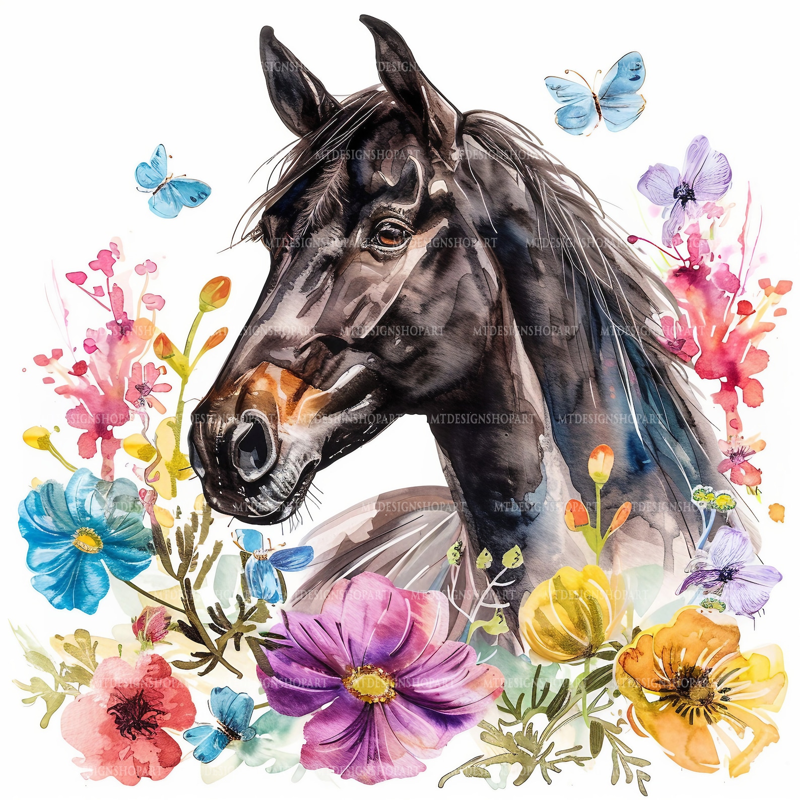 16 Floral Horses Clipart, Flower and Horse,printable Watercolor Clipart ...