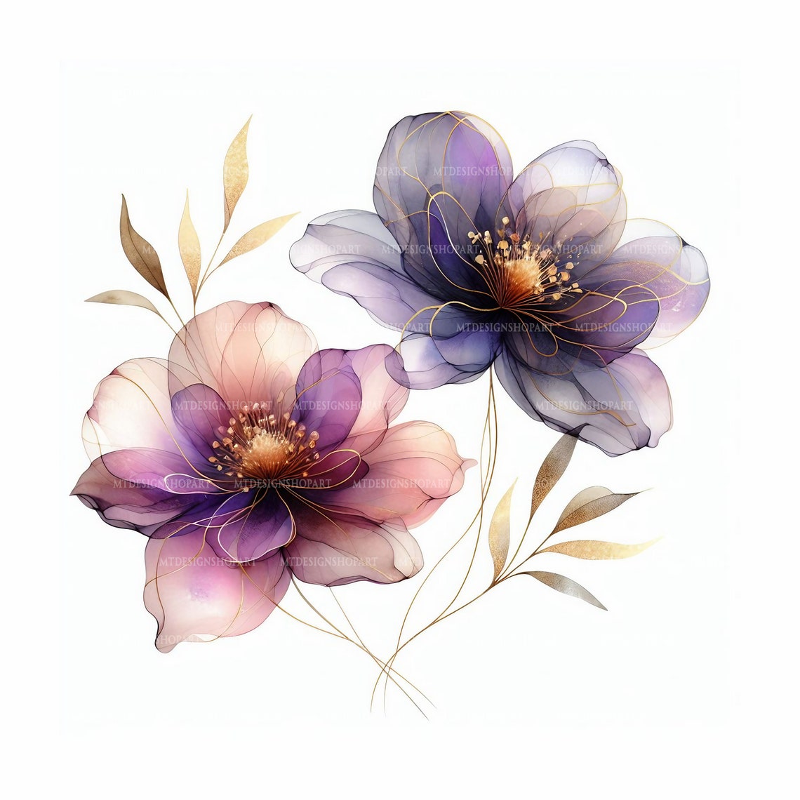 15 Abstract Flowers Clipart, Two Purple Flowers, Printable Watercolor ...