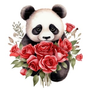 18 Panda avec des roses rouges Clipart, art Panda, Saint-Valentin, Clipart aquarelle imprimable, journaux indésirables, JPG de haute qualité, téléchargement numérique