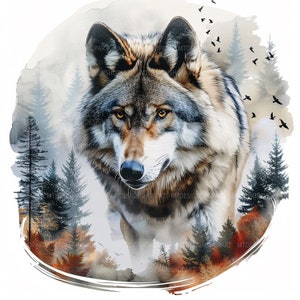 Op de afbeelding: Een aquarel schilderij van een wolf in een bosrijke omgeving. De wolf kijkt rechtstreeks naar de kijker met een serieuze uitdrukking. De achtergrond is zacht blauw en grijs, met hints van oranje en bruin. De wolf wordt omringd door bomen en een zwerm vogels vliegt erboven.