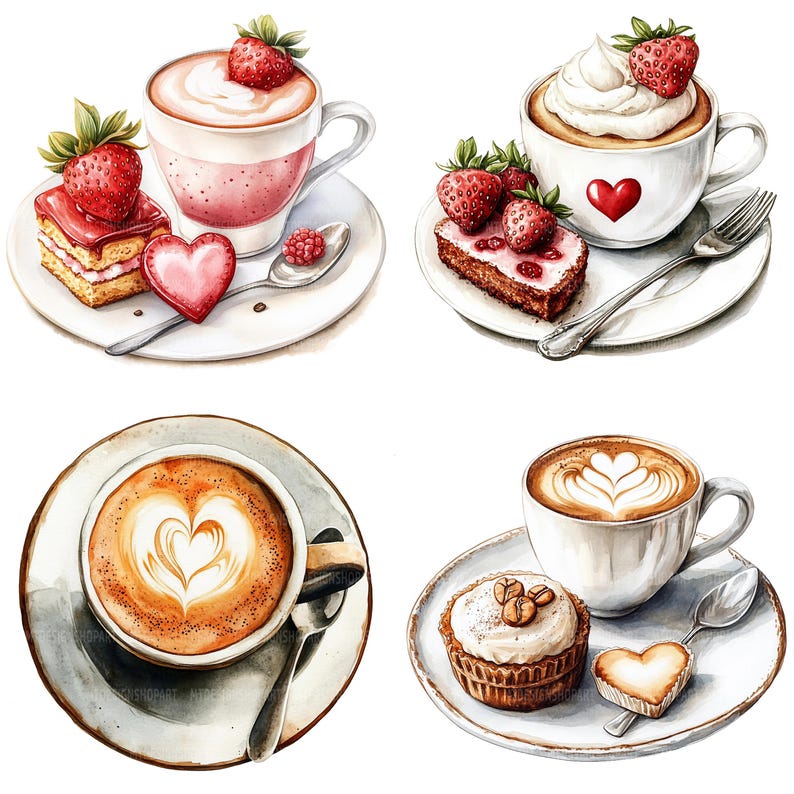 May include: Four watercolour illustrations of coffee drinks with latte art and pastries. The first image shows a pink latte with a heart design and a strawberry pastry. The second image shows a latte with a heart design and a strawberry pastry. The third image shows a latte with a heart design and a pastry with a chocolate topping. The fourth image shows a latte with a heart design and a pastry with a chocolate topping.