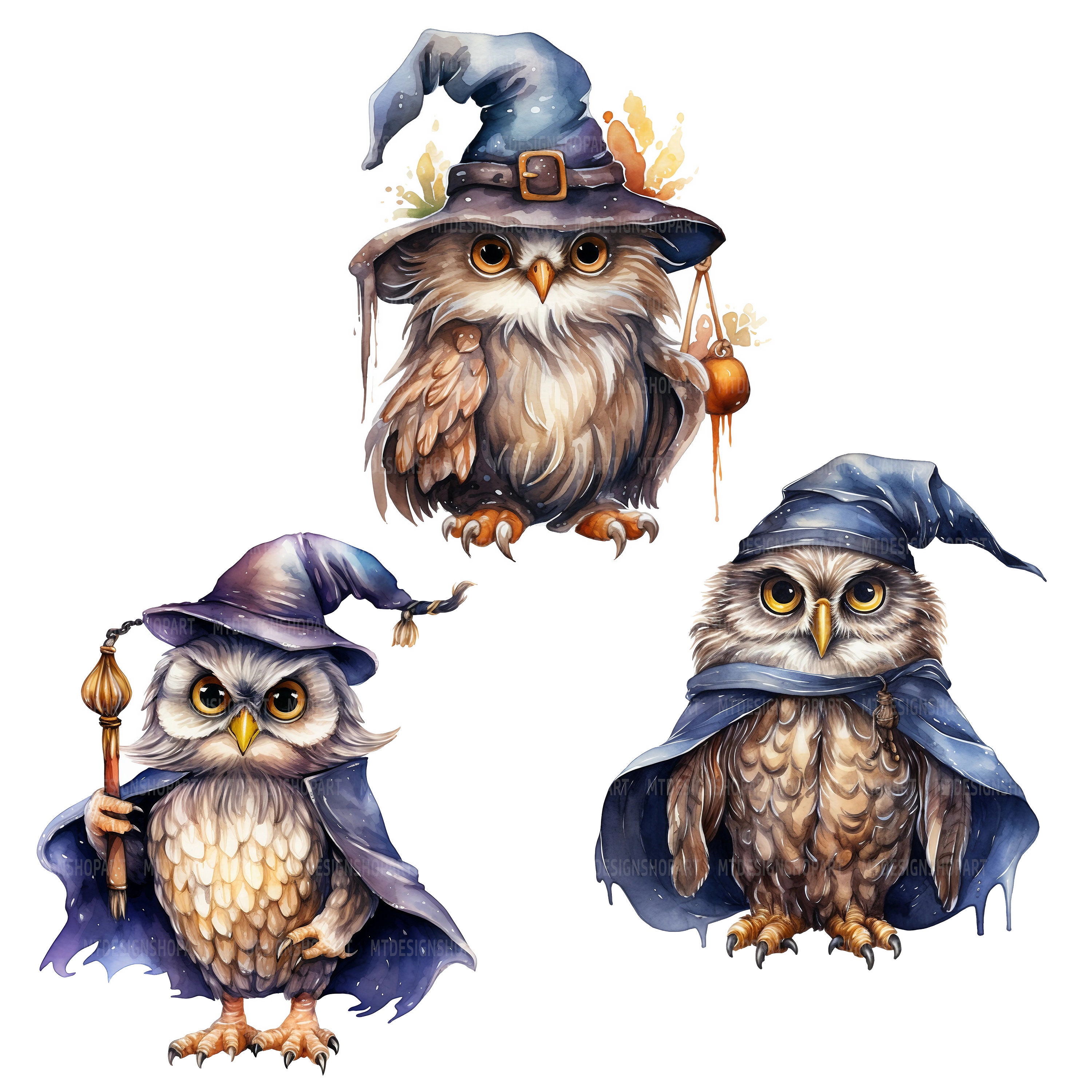 魔法使いのフクロウのクリップアート14点、魔法のフクロウ、印刷可能な
