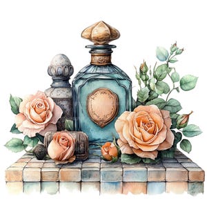 May include: Two antique glass bottles with gold accents and stoppers, surrounded by peach-coloured roses and green leaves, on a tiled surface.
