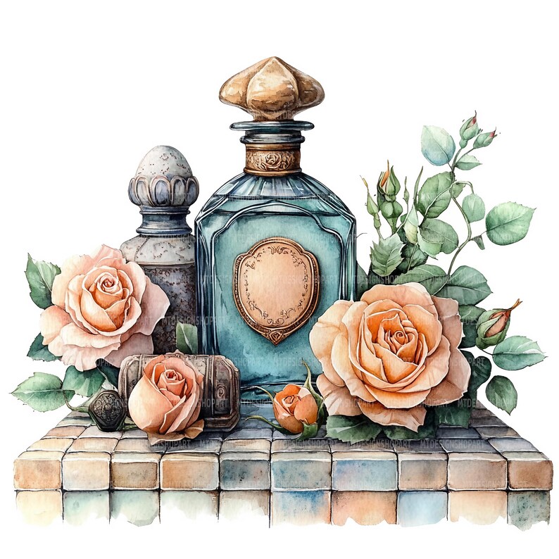 May include: Two antique glass bottles with gold accents and stoppers, surrounded by peach-coloured roses and green leaves, on a tiled surface.