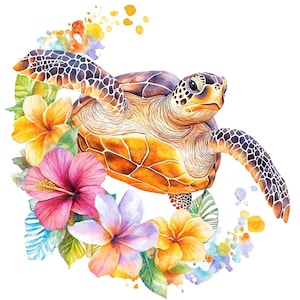 19 imágenes prediseñadas de tortugas marinas florales, imágenes prediseñadas de tortugas tropicales, imágenes prediseñadas de acuarela imprimibles, manualidades de papel, archivos JPG de alta calidad, descarga digital