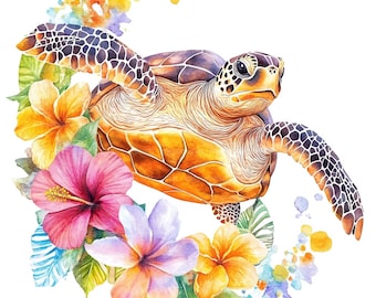 19  Floral Sea Turtle Clipart, Tropical Turtle Clipart, Printable Watercolor Clipart, Paper Craft, High Quality JPGs, Digital Download