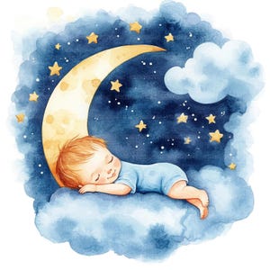 15 Clipart di bambini che dormono sulla luna, S1, bambini che dormono, Clipart di acquerelli stampabili, lavoretti di carta, JPG di alta qualità, download digitale