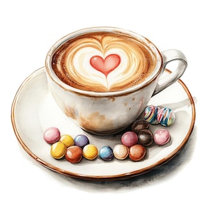 May include: A white ceramic coffee cup with a brown coffee drink topped with a heart-shaped design. The cup is on a white saucer with colourful candy sprinkles around the cup.