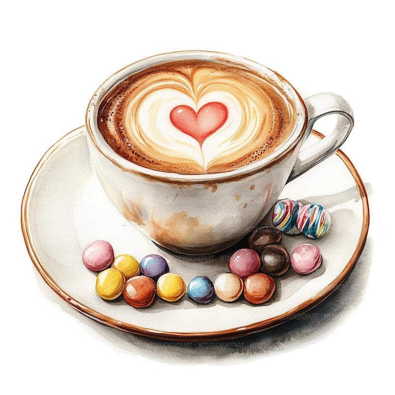 May include: A white ceramic coffee cup with a brown coffee drink topped with a heart-shaped design. The cup is on a white saucer with colourful candy sprinkles around the cup.