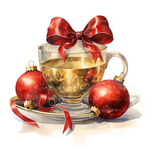 19 Clip art di tazze da tè di Natale, palline dorate, fiocco rosso, clipart acquerello stampabile, artigianato di carta, JPG di alta qualità, download digitale