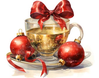 19 Christmas Tea Cup Clip art, Golden Balls, Red Bow, Printable Watercolor Clipart, Paper Craft, High Quality JPGs, Digital Download