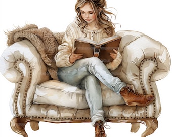 14 Pretty Girl Reading Book Clipart, Sofa Clipart, Printable Watercolor Clipart, Paper Craft, High Quality JPGs, Digital Download