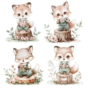 19 Baby Fox Tree Stump Clipart, Fox Clipart, Printable Watercolor Clipart, Paper Craft, Junk Journals, High Quality JPGs, Digital Download