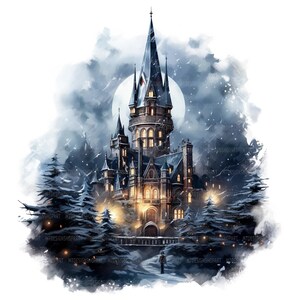 May include: A large, dark grey castle with a tall, pointed tower stands in a snowy forest. The castle is illuminated by warm, yellow lights, and a full moon shines brightly in the sky.