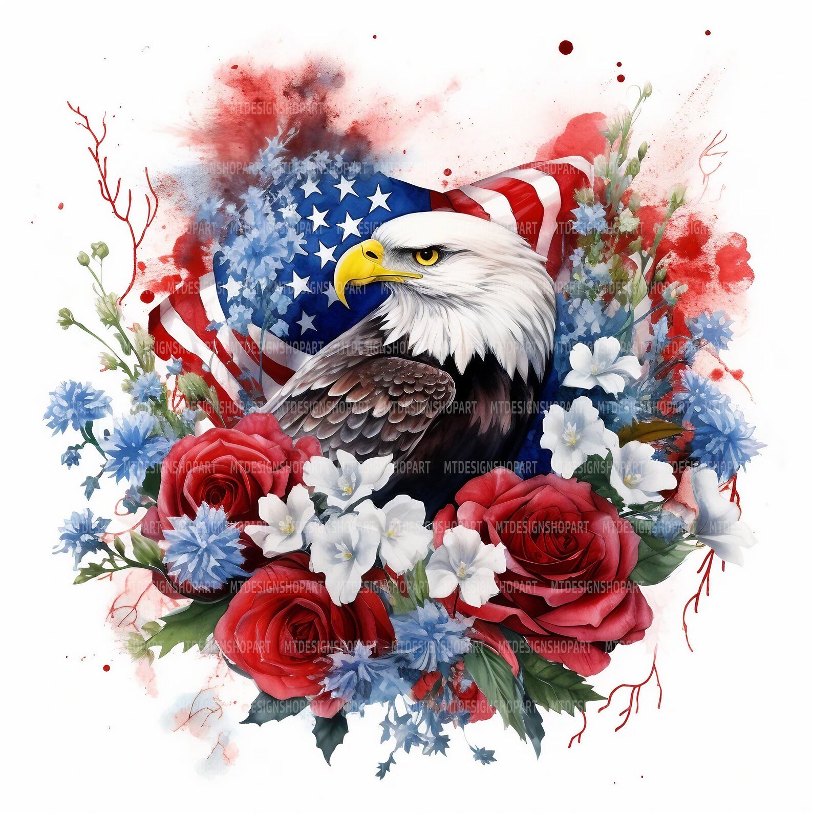 Eagle & Roses Clipart: USA Flag Watercolor Graphics (digital Download ...