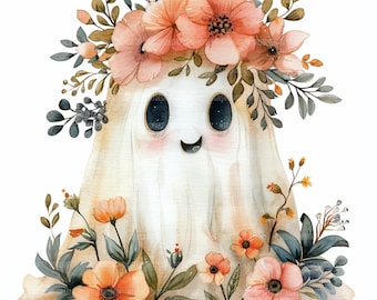 24 blommiga spöken clipart, Halloween spöke, blommor clipart, utskrivbar akvarell clipart, papperspyssel, högkvalitativa JPG-bilder, digital nedladdning