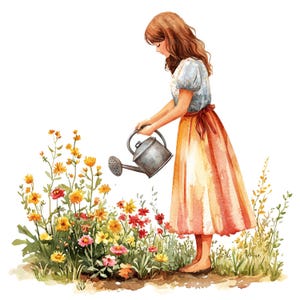 19 Clipart femme arrosant des fleurs, art pour fille, clipart aquarelle imprimable, créations en papier, journaux indésirables, fichiers JPG de haute qualité, téléchargement numérique