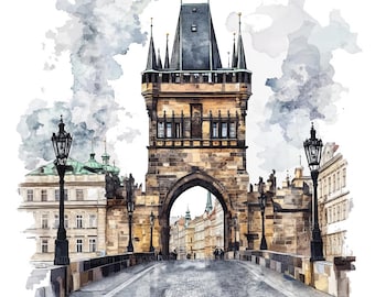Puede incluir: Pintura a la acuarela del Puente de Carlos en Praga. La imagen presenta la torre de piedra del puente, la puerta arqueada y el camino adoquinado. Los edificios bordean los lados del puente, con farolas y un cielo nublado.